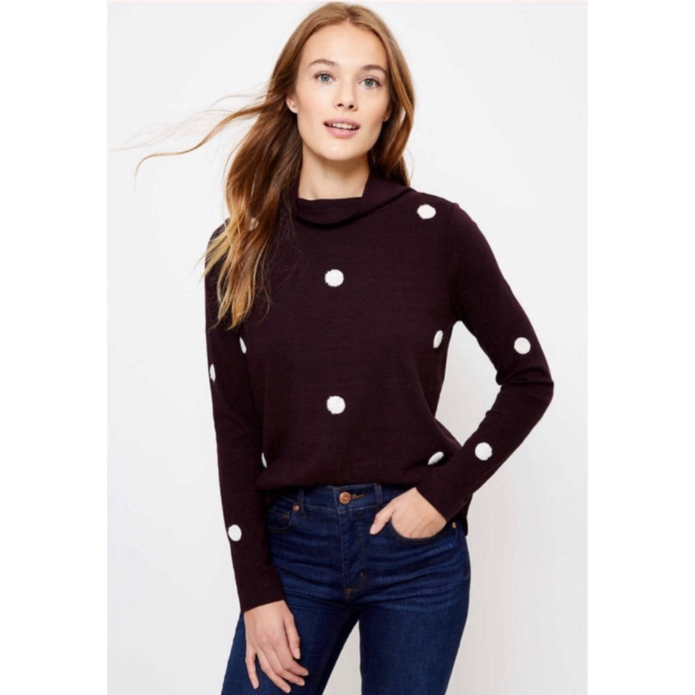 LOFT Dark Brown Polka Dot Cowl Neck Sweater with White Dots
